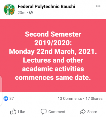 Fed Poly, Bauchi 2nd semester resumption date, 2019/2020