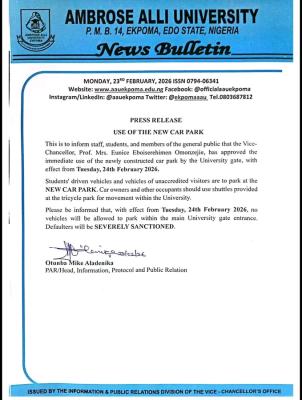 AAU notice to the university community on the use of new car park