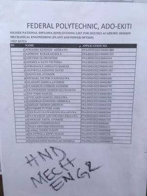 Fed Poly Ado-Ekiti 1st batch HND Evening admission list, 2022/23
