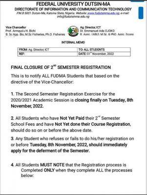 Federal University Dutsin-ma notice on closure of 2nd semester registration