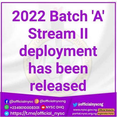 NYSC releases 2022 Batch 'A' Stream II deployment letter