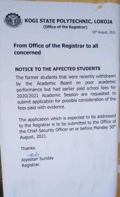 Kogi State Polytechnic notice to recently withdrawn students