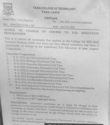YAATECH notice of change of course to B.Sc Education programmes