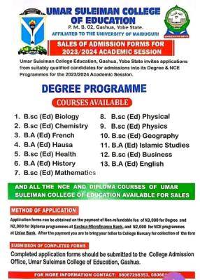 Umar Suleiman College of Education admission forms, 2023/2024