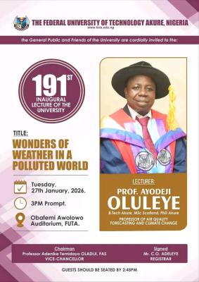 FUTA announces 191st Inaugural lecture