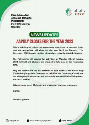 Abraham Adesanya Poly notice on closure