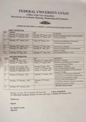 FUGUSAU revised academic calendar for 2019/2020 session