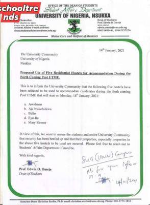 UNN notice on hostels to be used for post utme accommodation