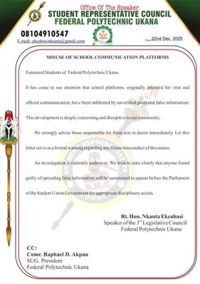 Fed Poly, Ukana Students Union warns against misuse of school's communication platforms