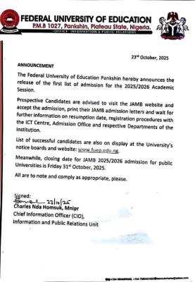 Federal University of Education, Pankshin releases first Admission list, 2025/2026