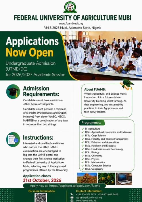 Fed. University of Agriculture, Mubi Post-UTME/DE 2026: Cut-off mark, Eligibility & Registration