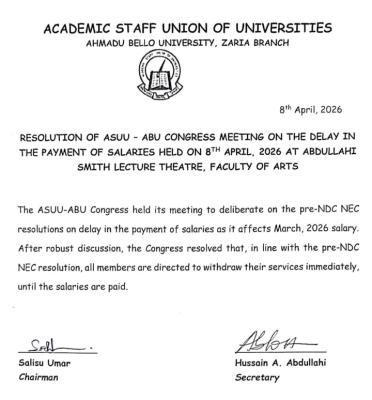 ABU Academic Staff Union of Universities (ASUU) directs members to withdraw services