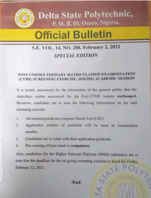Delta Poly, Ozoro notice to 2020 Post-UTME candidates regarding the screening exercise