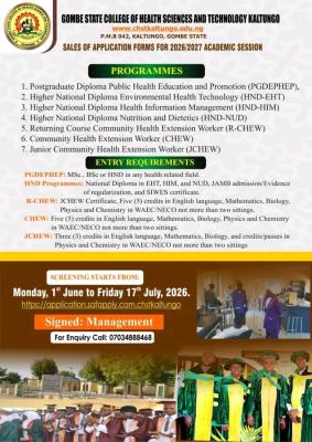 Gombe State College of Health Sciences & Tech. Kaltungo HND/Postgraduate Diploma Admission, 2026/2027