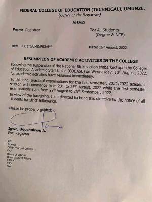 FCE(Tech), Umunze announces resumption of academic activities