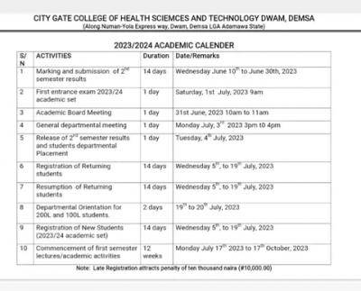 City Gate College of Health Science and Technology approved academic calendar for 2023/2024 session