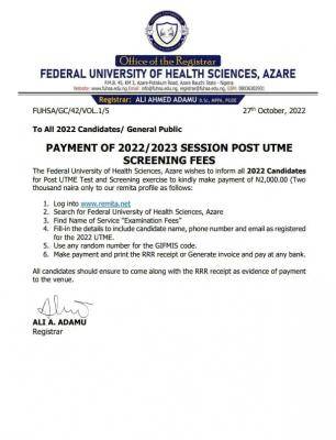 Federal University Of Health Sciences Azare Releases 2022/2023 Post-UTME Fee Details