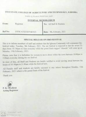 OYSCATECH notice to staff and students
