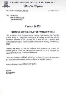 CRUTECH reminder on policy regarding payment of school fees