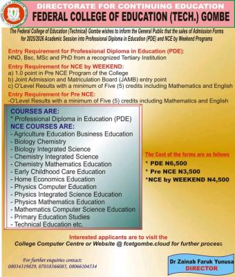 Fed College of Education (Tech) Gombe sales of admission forms, 2025/2026