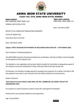 AKSU notice on deadline for NSE/COREN Induction Fee Payment for graduates of Engineering