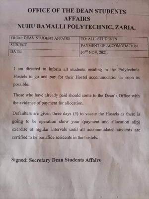 NUBAPOLY notice to students on payment for accomodation