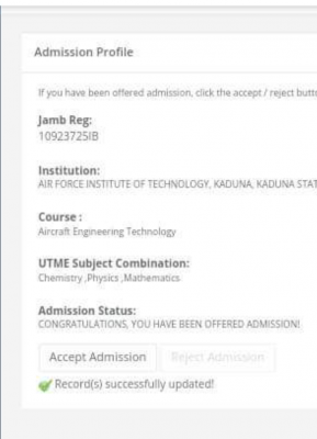 AFIT ND admission list for 2021/2022 session available on JAMB CAPS
