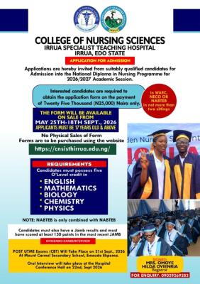 Irrua Specialist Teaching Hospital College of Nursing Sciences Admission form, 2026/2027