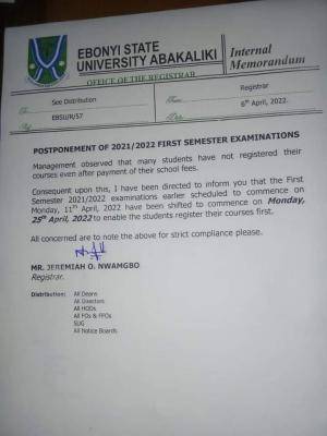 EBSU postpones first semester examination, 2021/2022