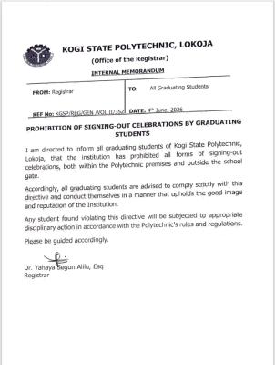 Kogi State Polytechnic bans signing-out celebrations for graduating students