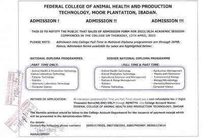 Federal College of Animal Health and Production Tech. ND/HND Admission, 2023/2024