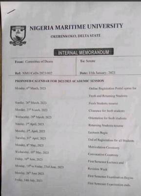 Nigeria Maritime University proposed academic calendar, 2022/2023