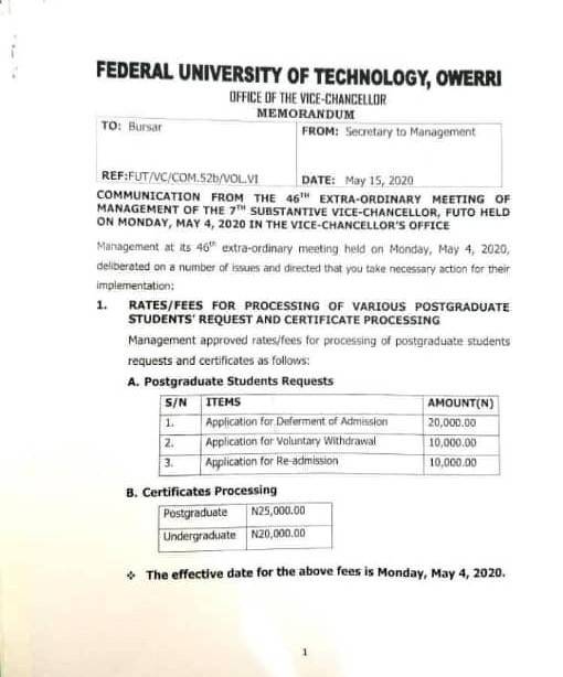 FUTO Undergraduate Students to Pay N20,000 for Collection of Certificates 