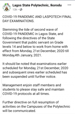 LASPOTECH notice on suspension of in-person academic activities