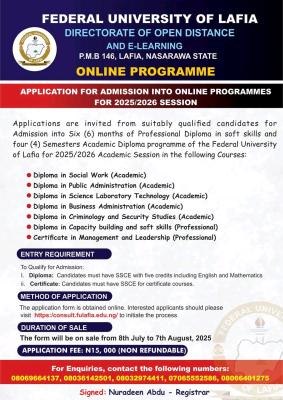 FULAFIA Application for Admission into Online Programmes for 2025/2026 Session