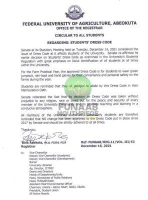 FUNAAB re-affirms  its decision on students' Dress Code