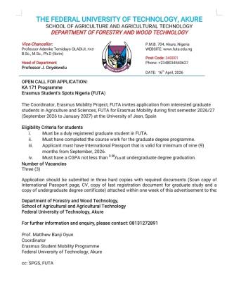 FUTA Erasmus+ KA171 Graduate Mobility Programme for Graduate students of Agriculture and Sciences