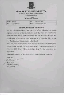 Gombe State University deadline for admission acceptance, 2025/2026