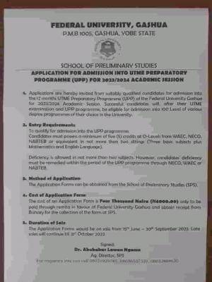 FUGashua admission into Preparatory Programme, 2023/2024