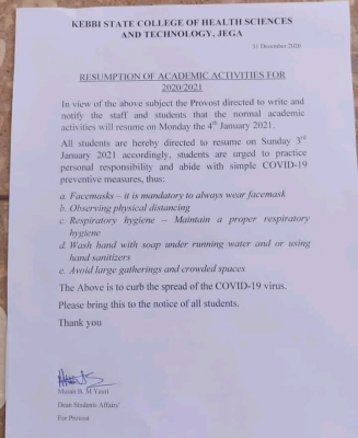 Kebbi State College of Health Science and Technology, Jega notice on resumption, 2020/2021