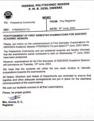 Fed Poly Nekede postpones 1st semester examinations, 2022/2023