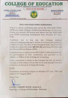COE Akwanga Post-UTME 2025: cut-off mark, Eligibility and Registration details