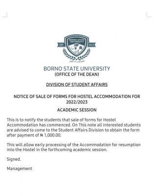 BOSU notice to students on sales of form for hostel accommodation, 2022/2023