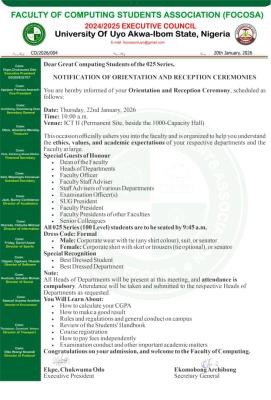 UNIUYO Faculty of Computing schedules Orientation for new students, 2025/2026