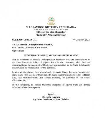 SLU notice to female students on exemption from hostel accommodation payment
