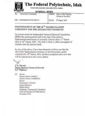 Fed Poly Idah postpones 36th Matriculation Ceremony, 2022/2023