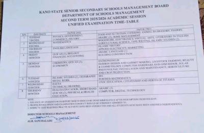 Kano State Senior Secondary Schools 2nd Term 2025/2026 Examination Schedule