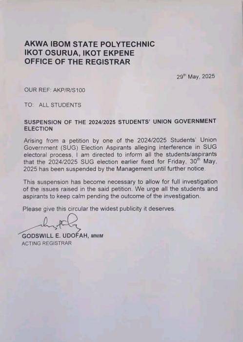 Akwa Ibom Poly suspends SUG elections