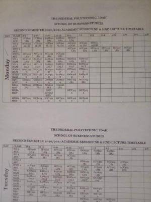 Fed Poly, Idah 2nd semester Lectures Timetable 2020/2021