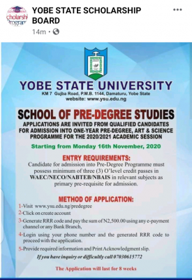 Yobe State University Pre-degree admission for 2020/2021 session